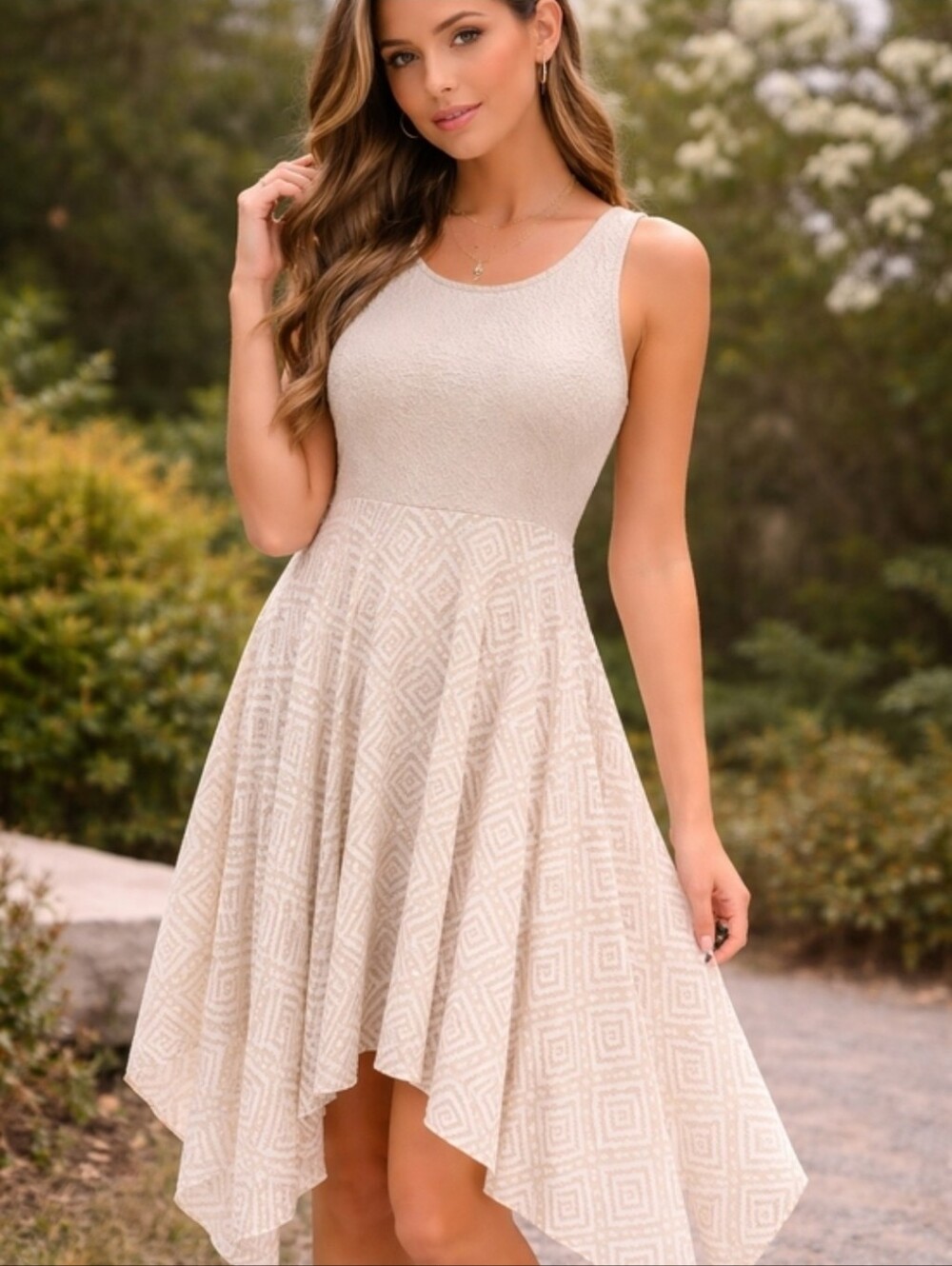 Cato Cream Textured Asymmetrical Handkerchief-Hem Dress